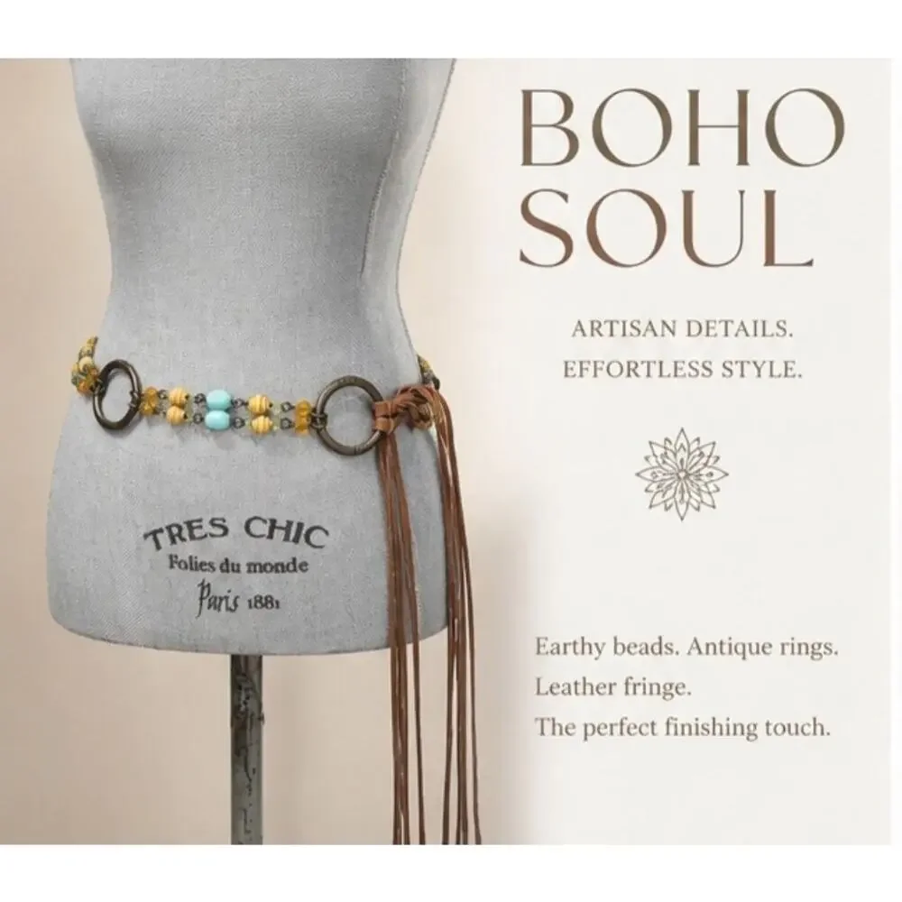 Boho Beaded Chain Belt Leather Fringe Turquoise Wood Beads Antique Gold Western